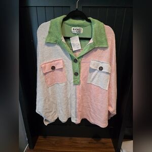 BUCKETLIST Womens Cropped Button Down Shirt - Green, Pink, White